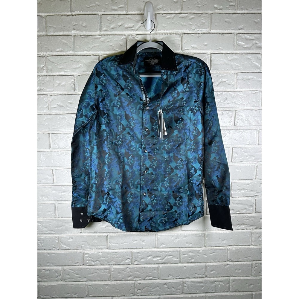 El General 1901 Size S Teal Edgy Satin Button Up Shirt NWT‎ Long Sleeve